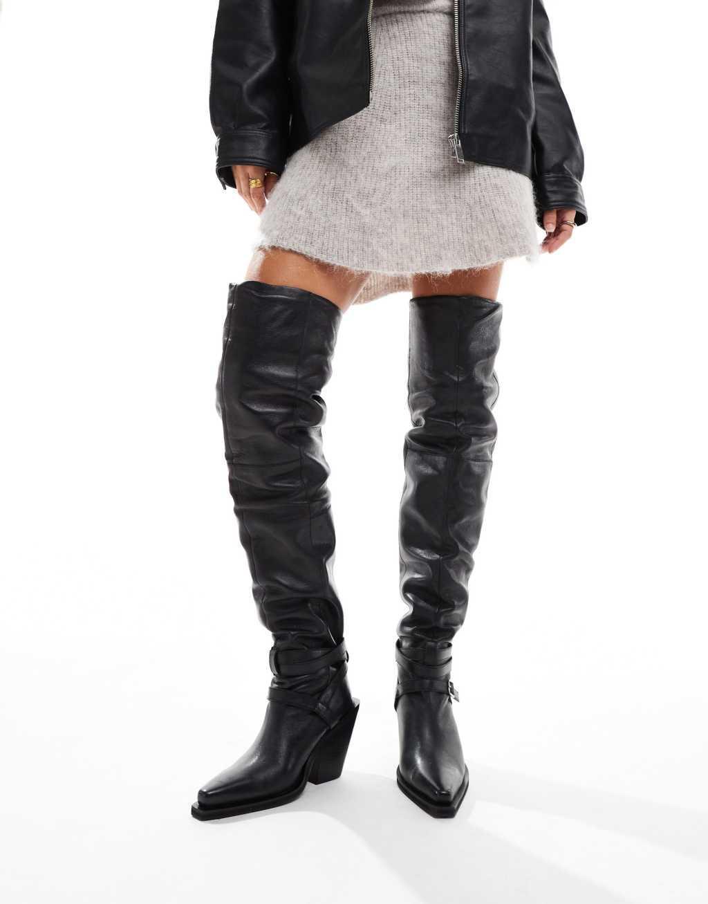 ASOS DESIGN Kingfisher leather ruched over the knee boots with buckles in black Product Image