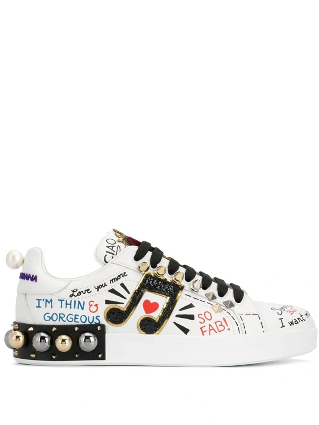 DOLCE & GABBANA Music Printed Leather Sneakers With Patch In White Product Image