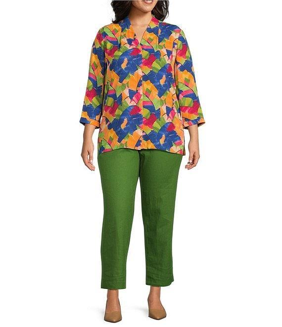 Investments Plus Size Caroline Signature Leafy Sketch V-Neck 3/4 Sleeve Button Front Top Product Image