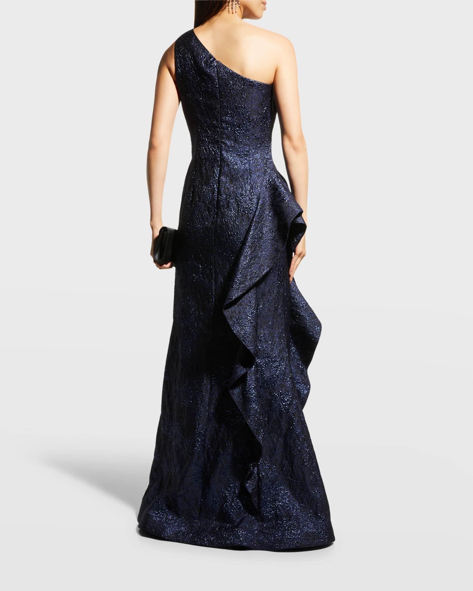 Womens Metallic Jacquard One-Shoulder Gown Product Image