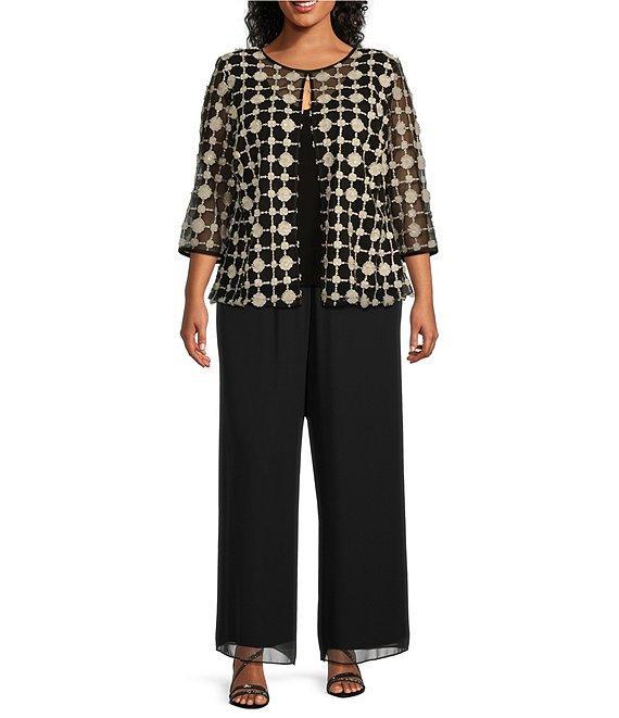 Alex Evenings Plus Size Embroidered Stretch Tulle Crew Neck 3/4 Sleeve Twin Set Product Image