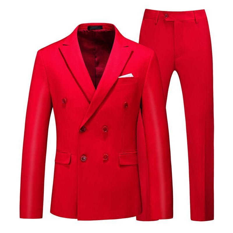 Set: Peak Lapel Plain Double-Breasted Blazer + Tapered Dress Pants Product Image