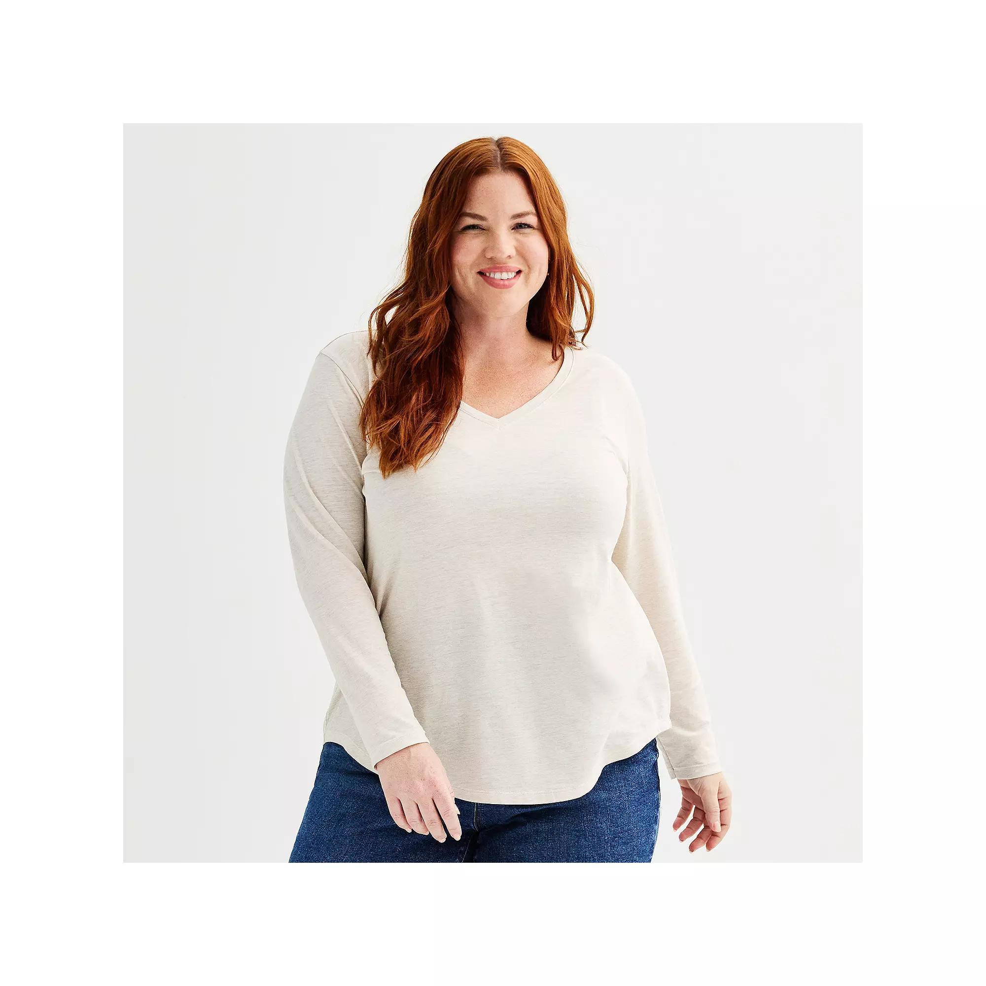 Plus Size Sonoma Goods For Life® Everyday Long Sleeve V-Neck Tee, Women's, Size: 3XL, Light Oat Grey Product Image