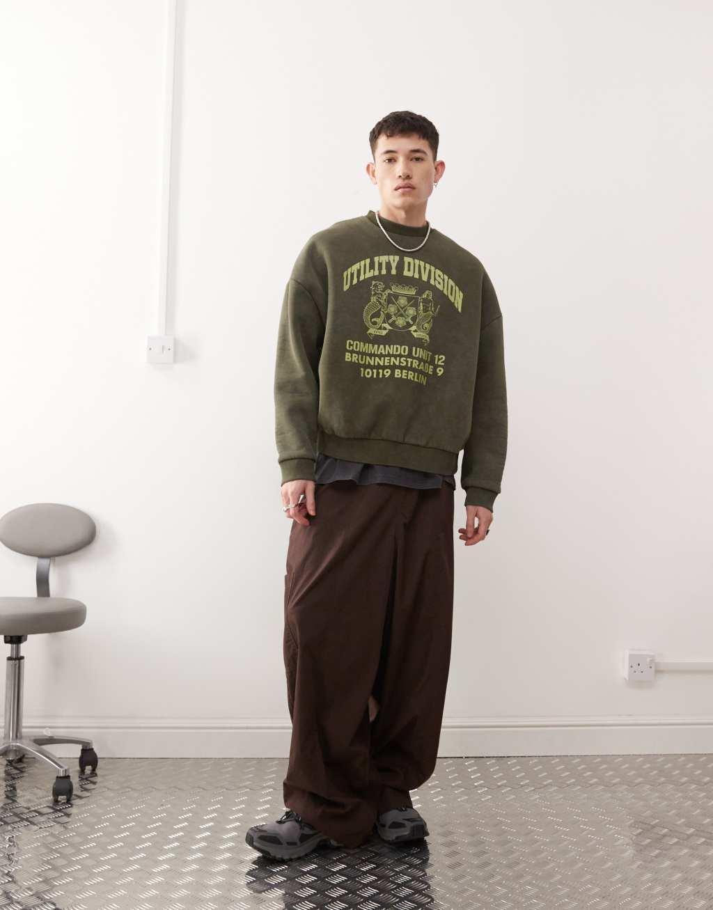 COLLUSION boxy sweatshirt in green wash with graphic  Product Image