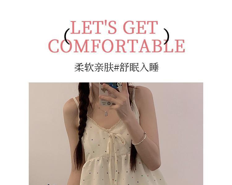 Pajama Set: Lace Trim Dotted Camisole Top + Shorts Product Image