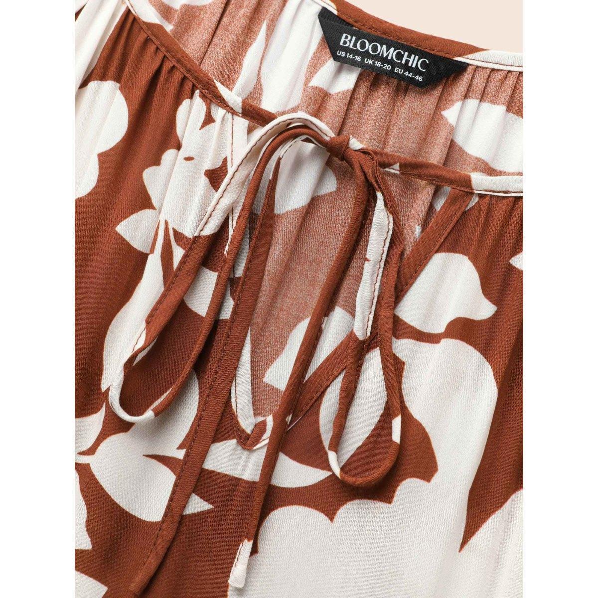 Plus Size Silhouette Floral Print Knot Neck Lantern Sleeve Dress Russet Women Office Elastic cuffs Round Neck Half Sleeve Curvy Midi Dress BloomChic 14-16/1X Product Image