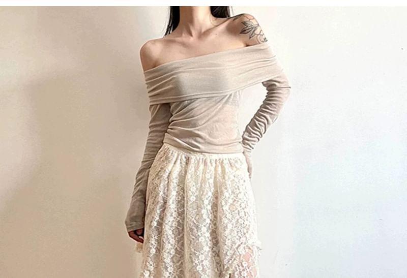 Elastic Waist Asymmetrical Lace Midi A-Line Skirt / String Belt Product Image