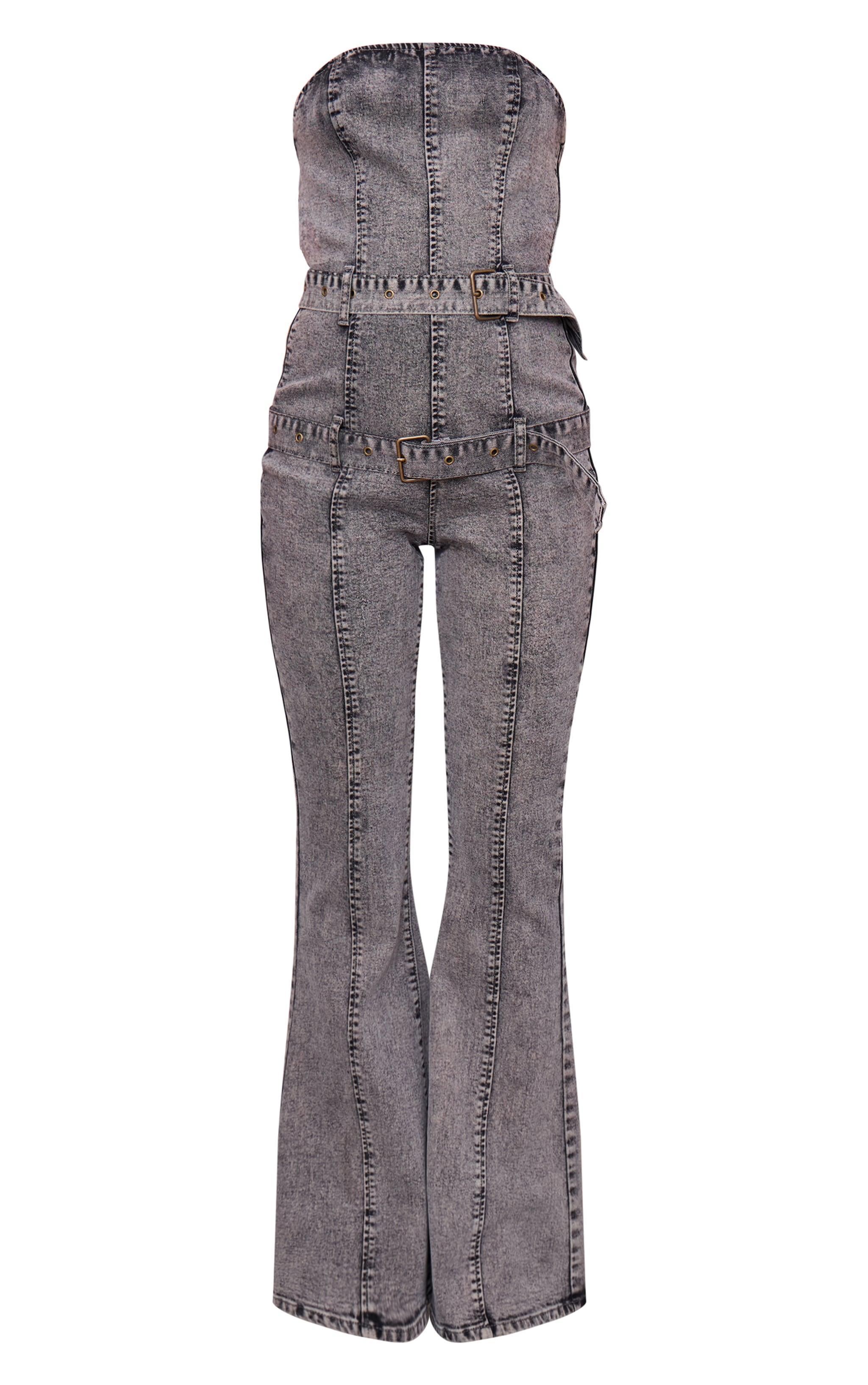 Washed Grey Buckle Detail Straight Leg Denim Jumpsuit Product Image