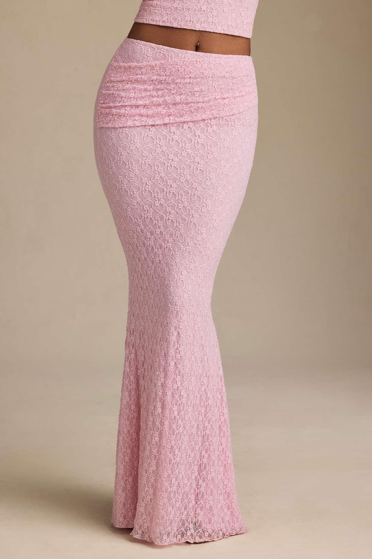 Draped Low-Rise Lace Maxi Skirt in Soft Pink Product Image