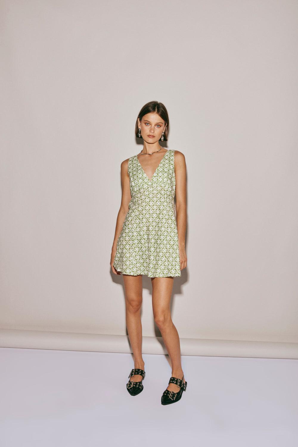 Sun Seeker Bias Cut Linen Mini Dress Sage Product Image