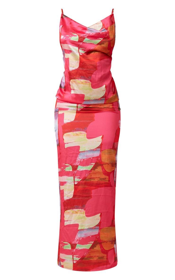 Pink Abstract Print Satin Cowl Neck Maxi Dress Product Image