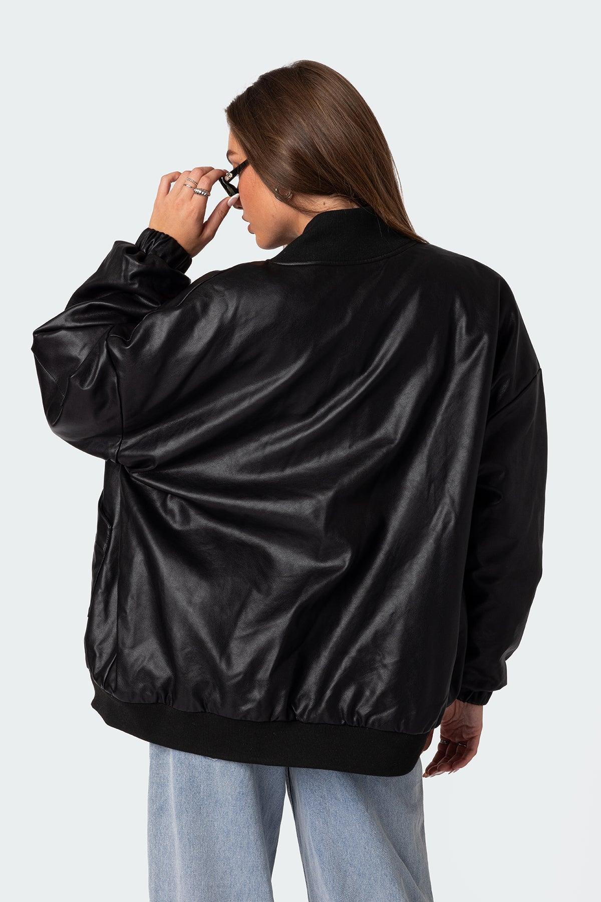 Faux Leather Oversized Bomber Jacket Product Image