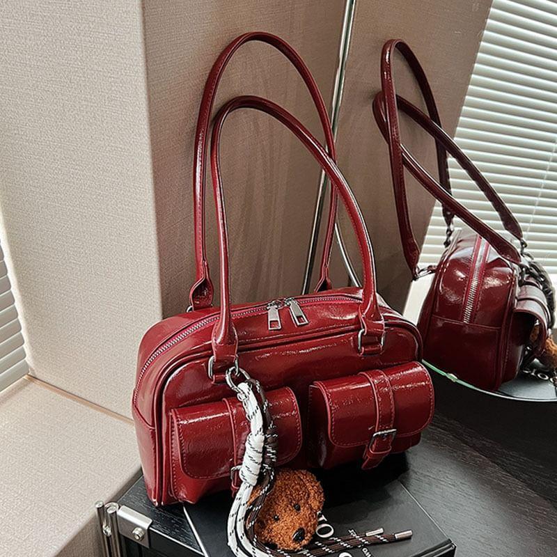 Multi-Pocket Faux Leather Tote Bag / Bag Charm / Set Product Image