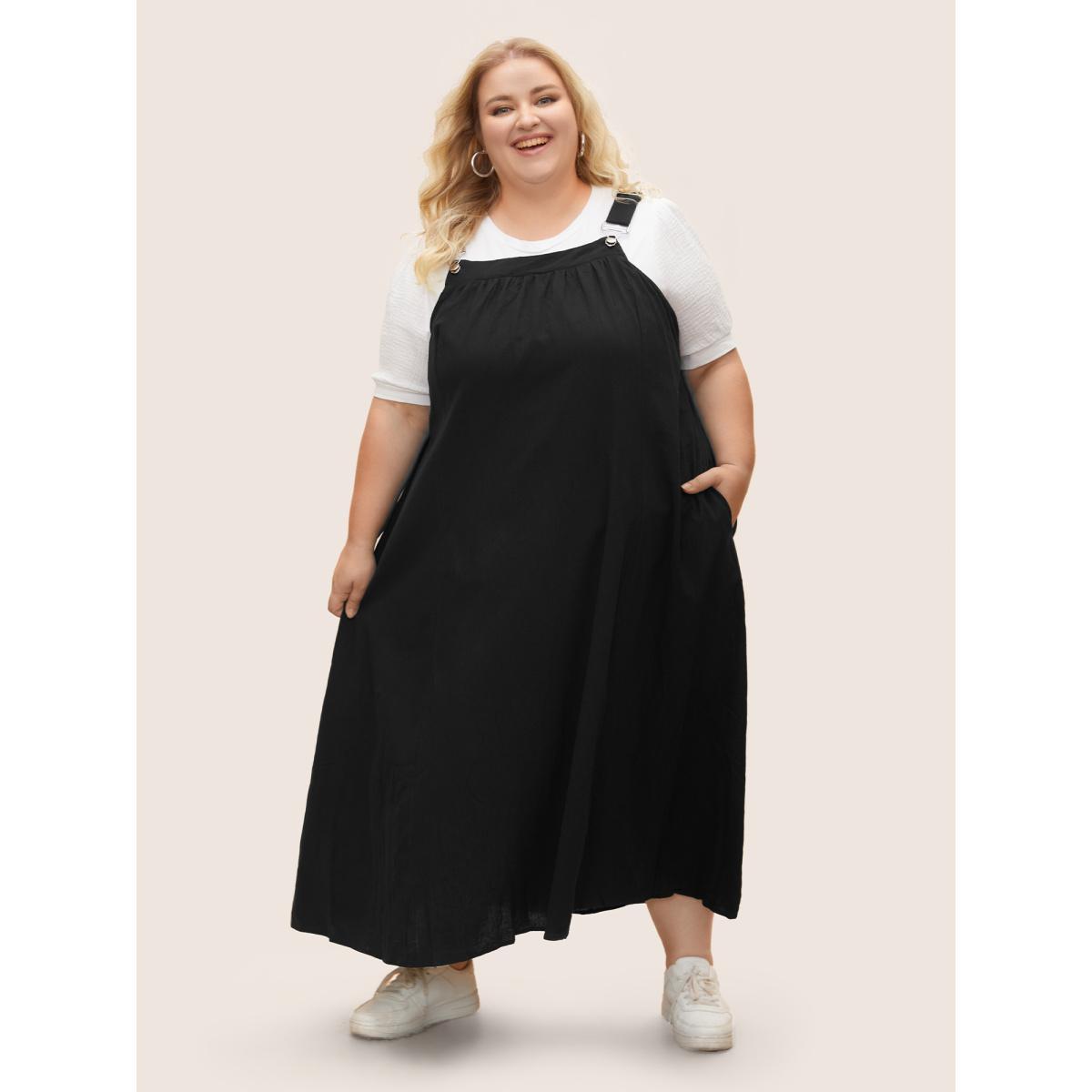 Plus Size Cotton Solid Adjustable Straps Pocket Midi Dress Black Women Leisure Gathered Non Sleeveless Curvy BloomChic 18-20/2X Product Image