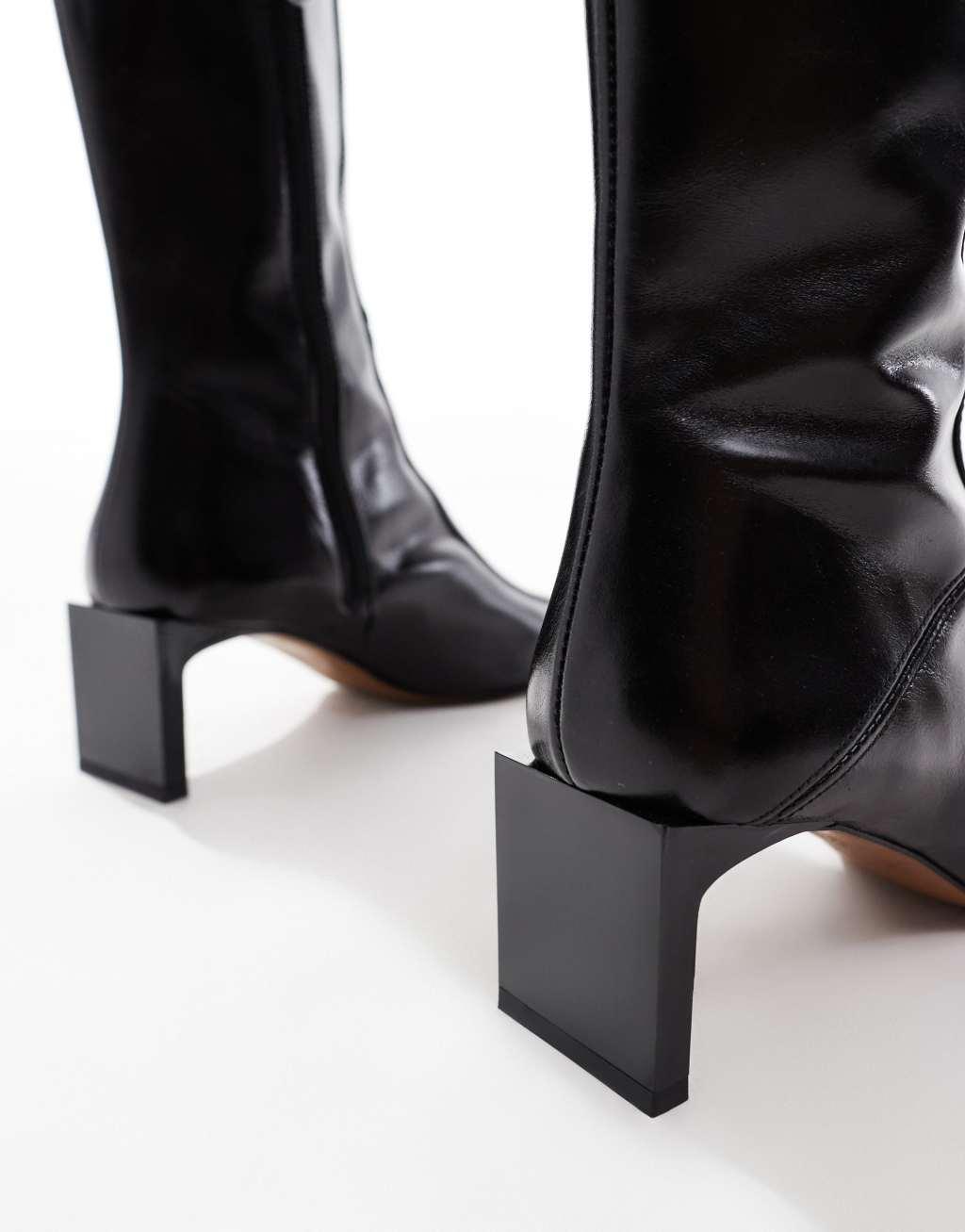 ASOS DESIGN Raine premium square toe mid-heel boots in black leather Product Image