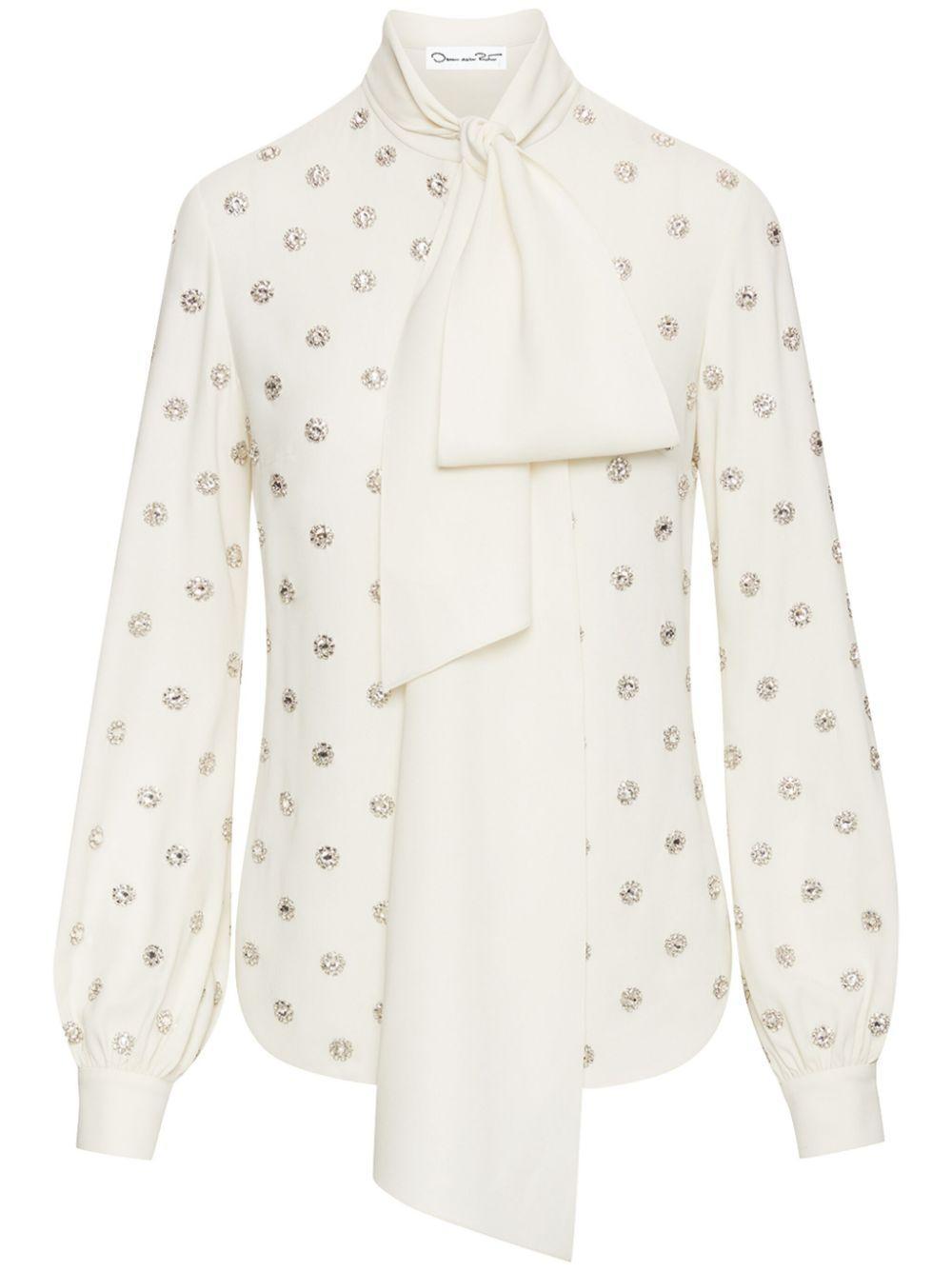 OSCAR DE LA RENTA Embellished Silk-blend Blouse In Ivory Product Image