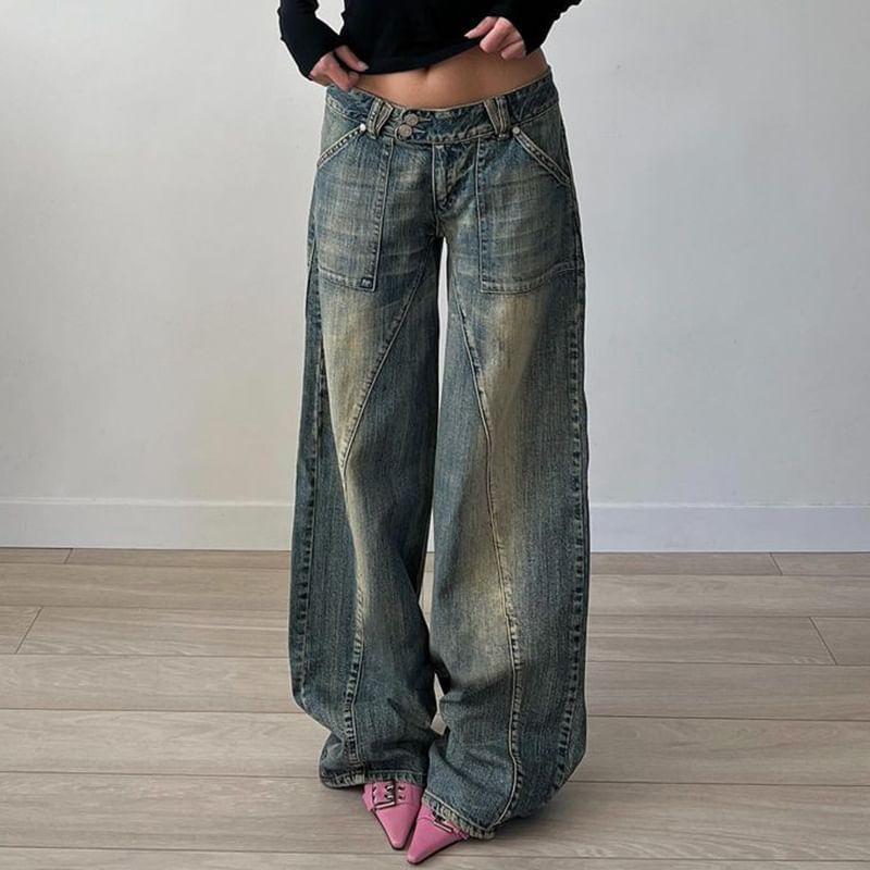 Low Waist Washed Loose-Fit Wide-Leg Jeans Product Image