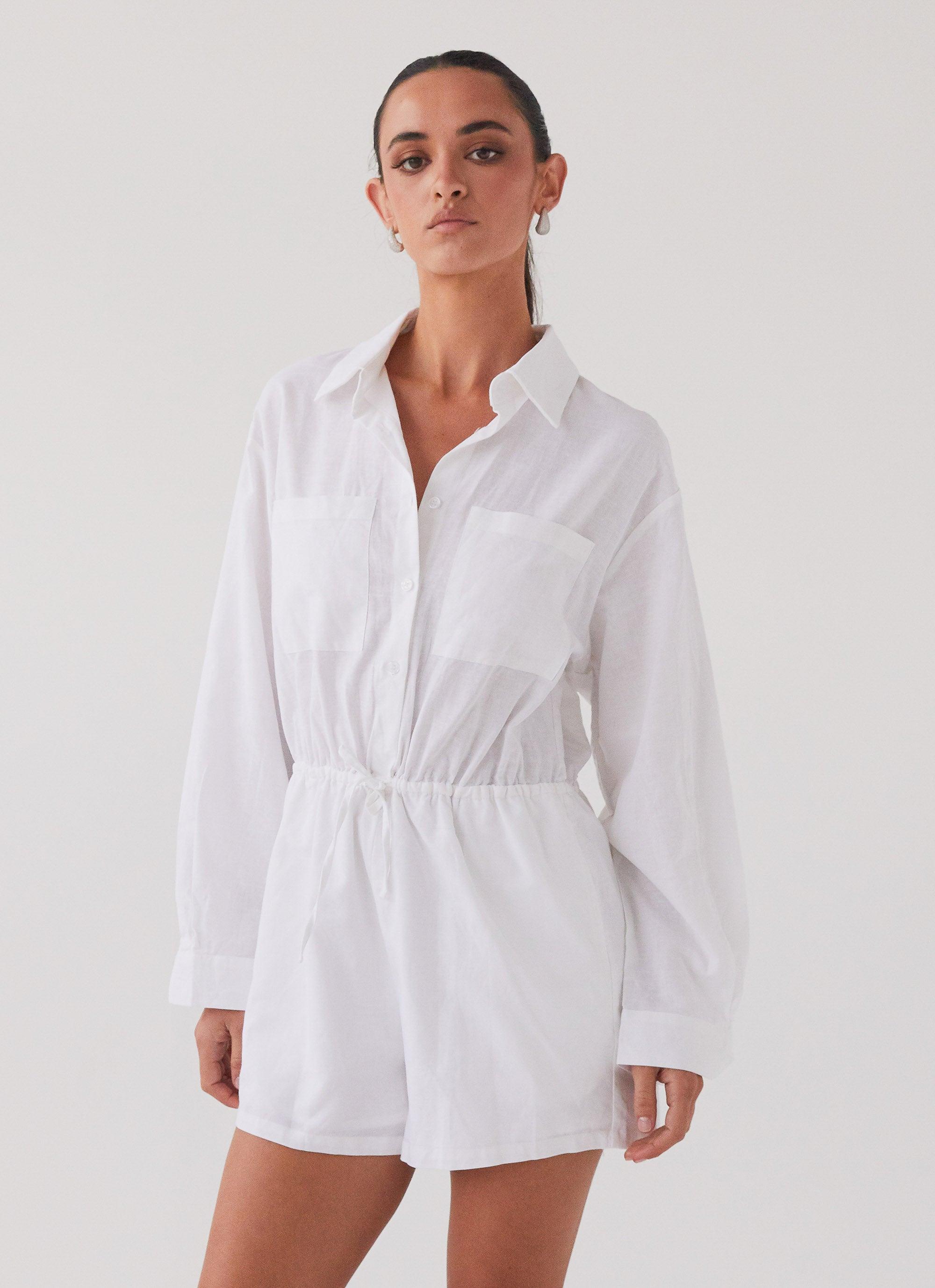 Unwind Linen Shirt Playsuit - White Product Image