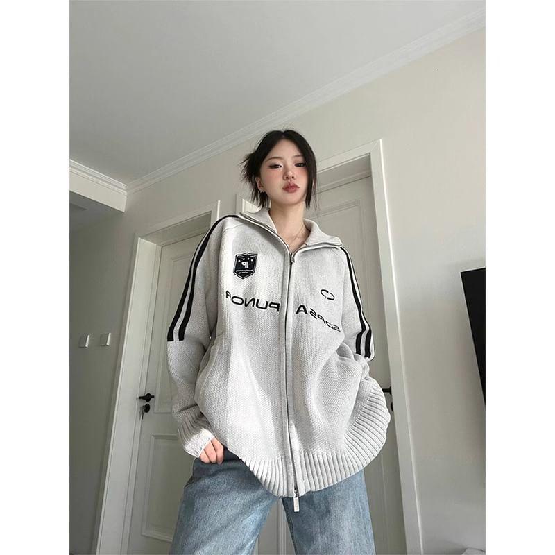 Long Sleeve V-Neck Lettering Striped Loose-Fit Zip-Up Cardigan Product Image