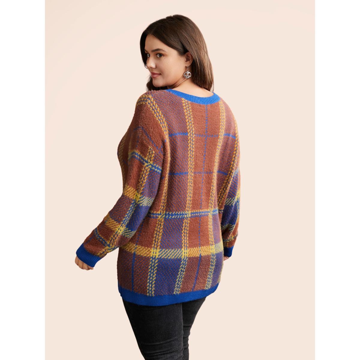 Plus Size Plaid Texture Crew Neck Pullover Navy Women Casual Long Sleeve Round Neck Everyday Pullovers BloomChic 10/M Product Image