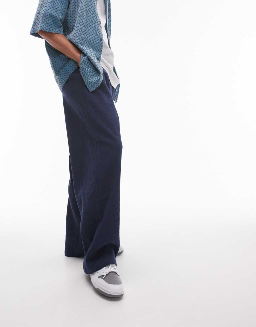 Topman wide leg textured pants in navy Product Image