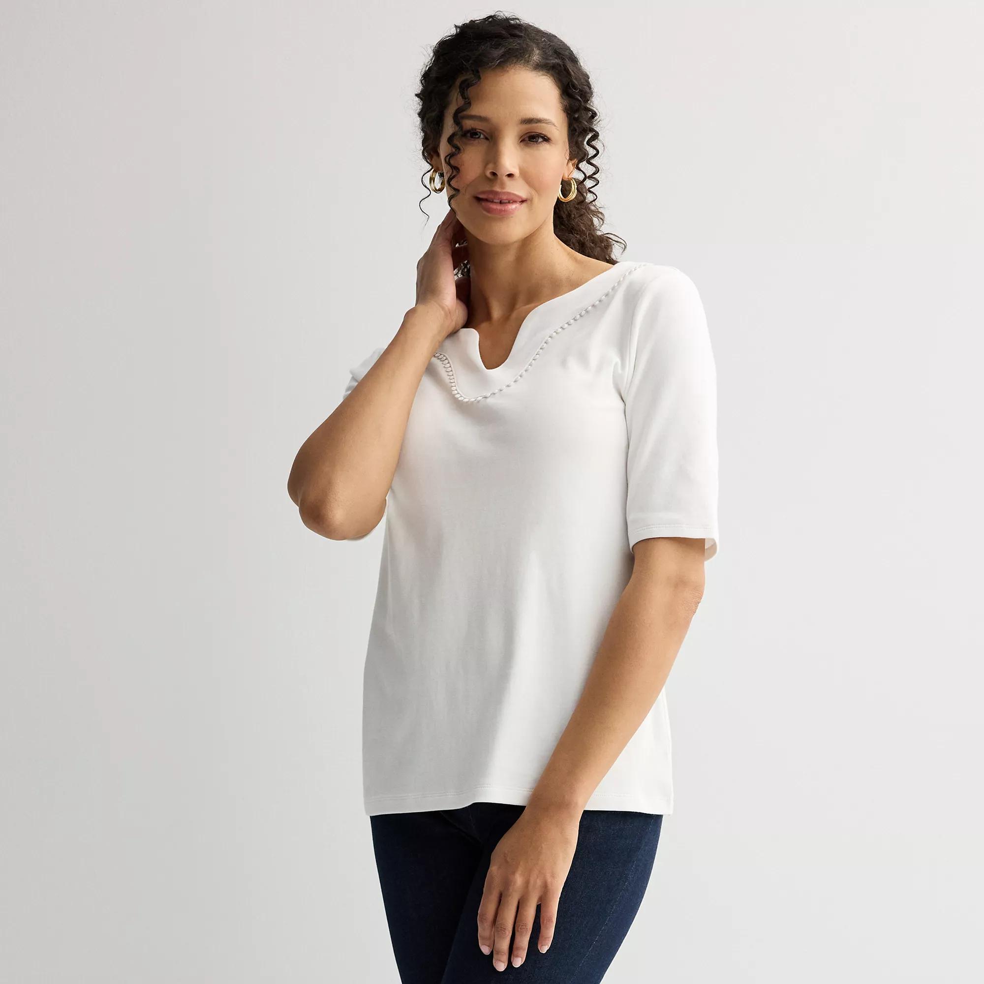 Petite Croft & Barrow® Bobble Trim Splitneck Top, Women's, Size: XL Petite, Bright White Product Image