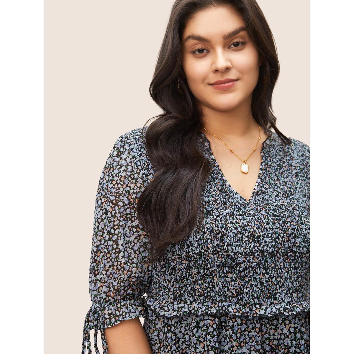 Plus Size Black Chiffon Ditsy Floral Ruffles Shirred Ties Blouse Women Elegant Short sleeve V-neck Everyday Blouses BloomChic 22-24/3X Product Image