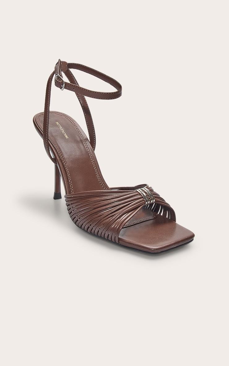 Chocolate Pu Square Toe Multi Strap Gold Trim High Heeled Sandals Product Image