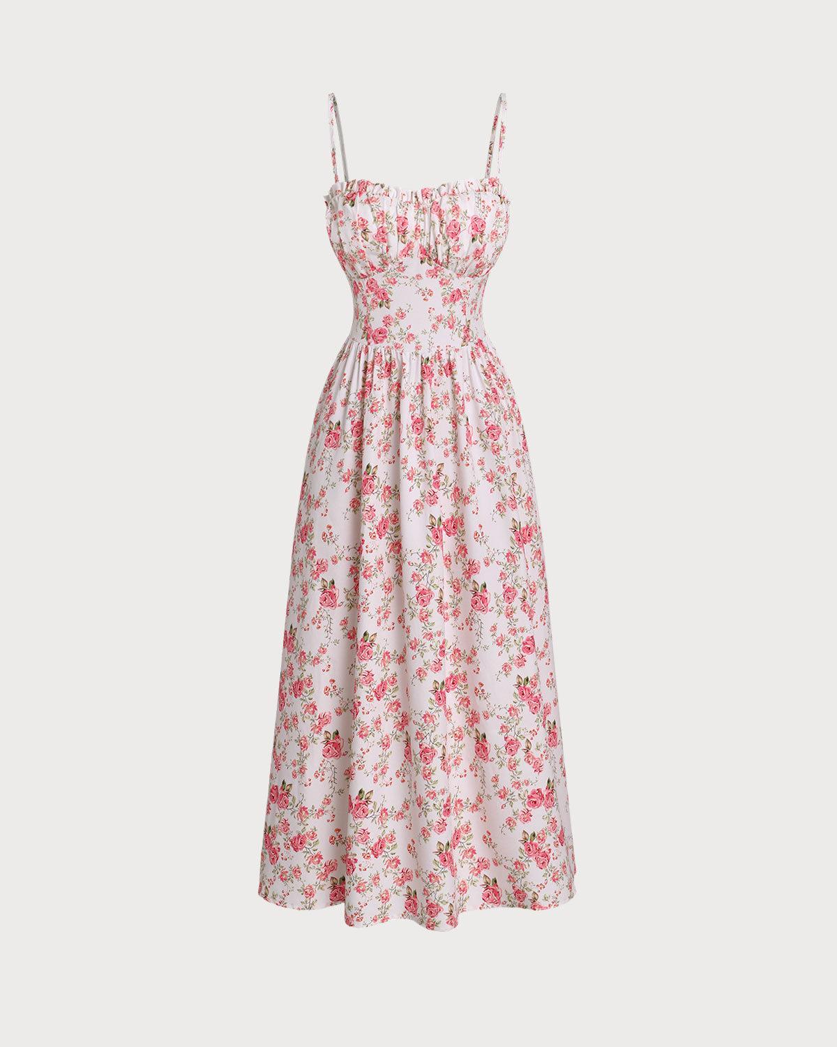 Pink Floral Sweetheart Neck Shirred Slip Midi Dress Product Image
