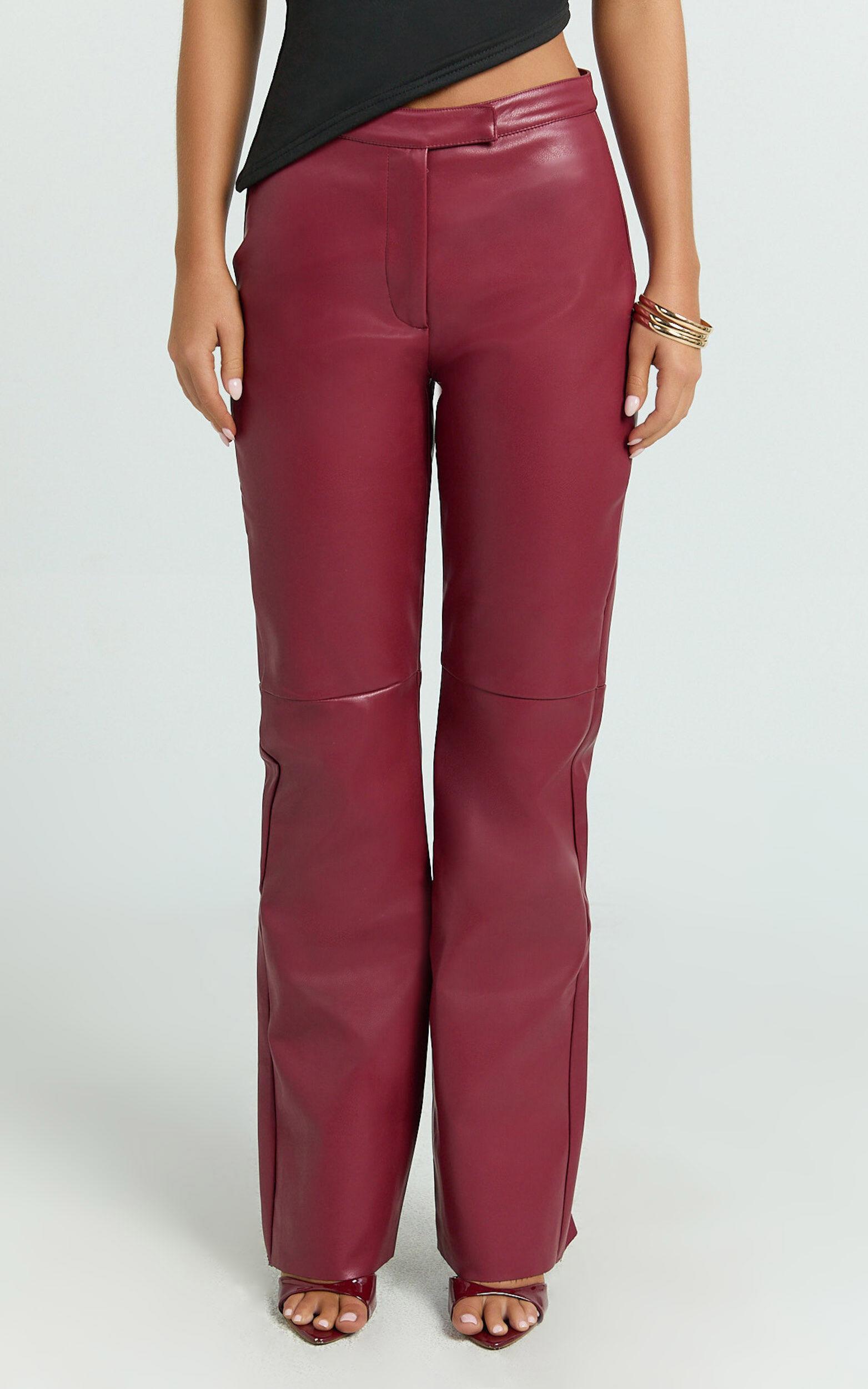 Marzia Pants - Faux Leather Mid Waisted Straight Leg Pants in Wine Product Image