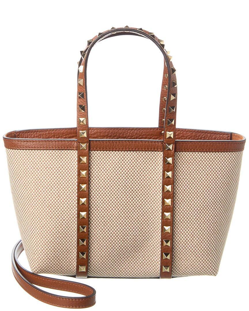 VALENTINO GARAVANI Rockstud Mini Leather & Canvas Tote In Brown Product Image