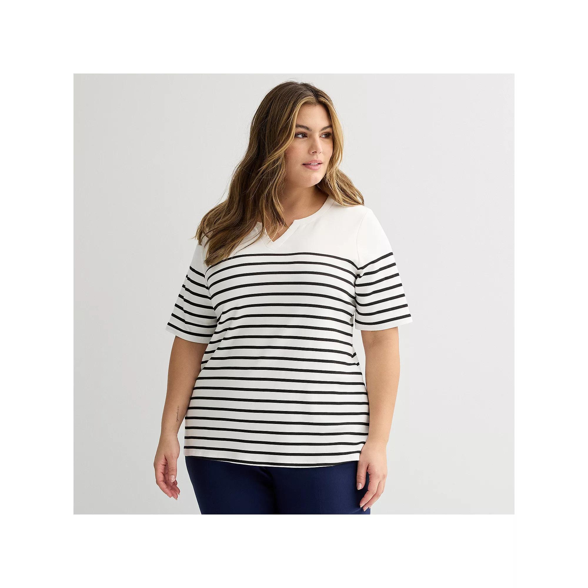 Plus Size Croft & Barrow® Elbow Sleeve Split Neck Top, Women's, Size: 0X, Black Placed Stripe Product Image