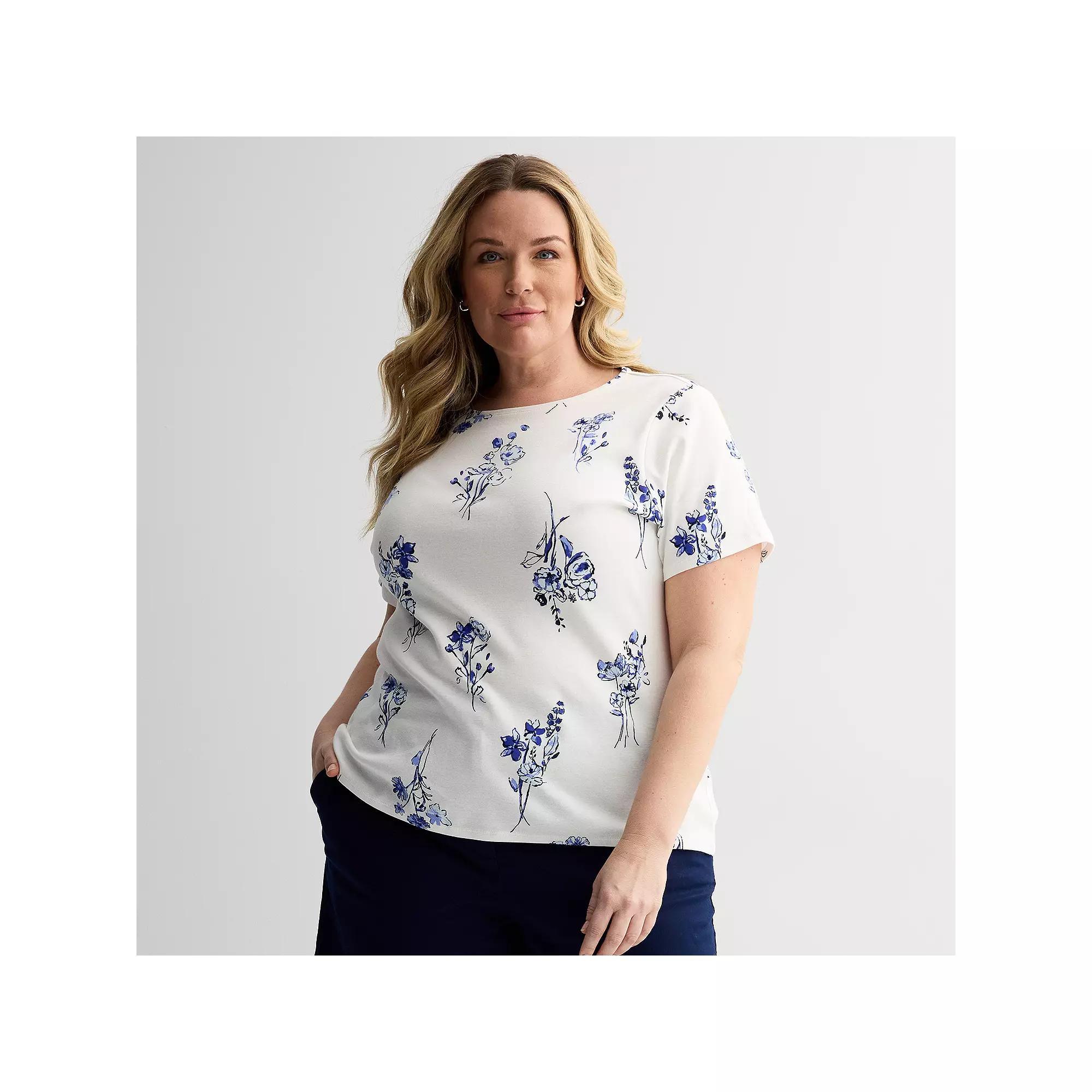 Plus Size Croft & Barrow® Essential Crewneck Top, Women's, Size: 5XL, Blue White Easy Floral Product Image