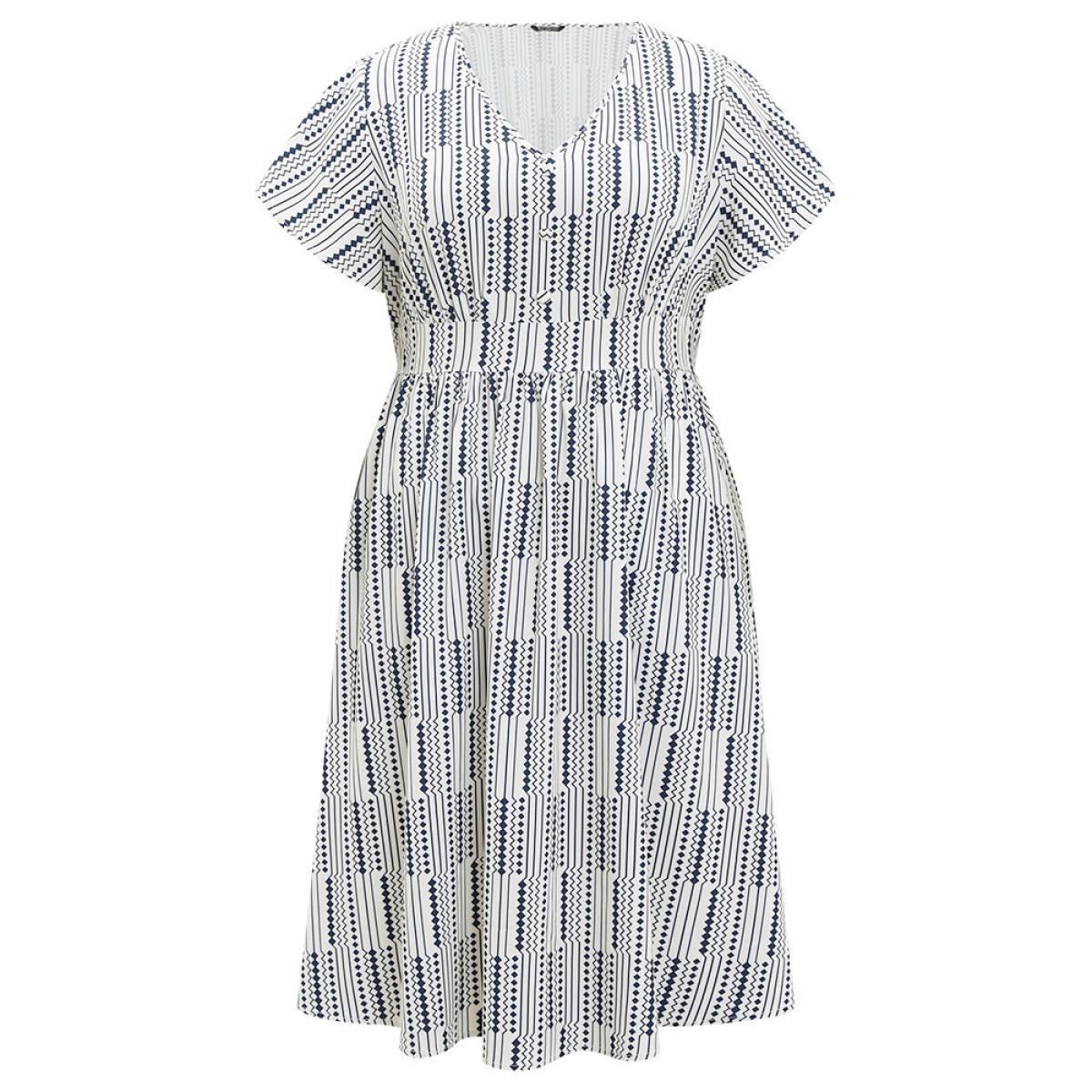 Plus Size Geometric Print Button Detail Pocket Ruffle Sleeve Dress Blue Women Elegant Elastic Waist V-neck Short sleeve Curvy Midi Dress BloomChic 10/M Product Image
