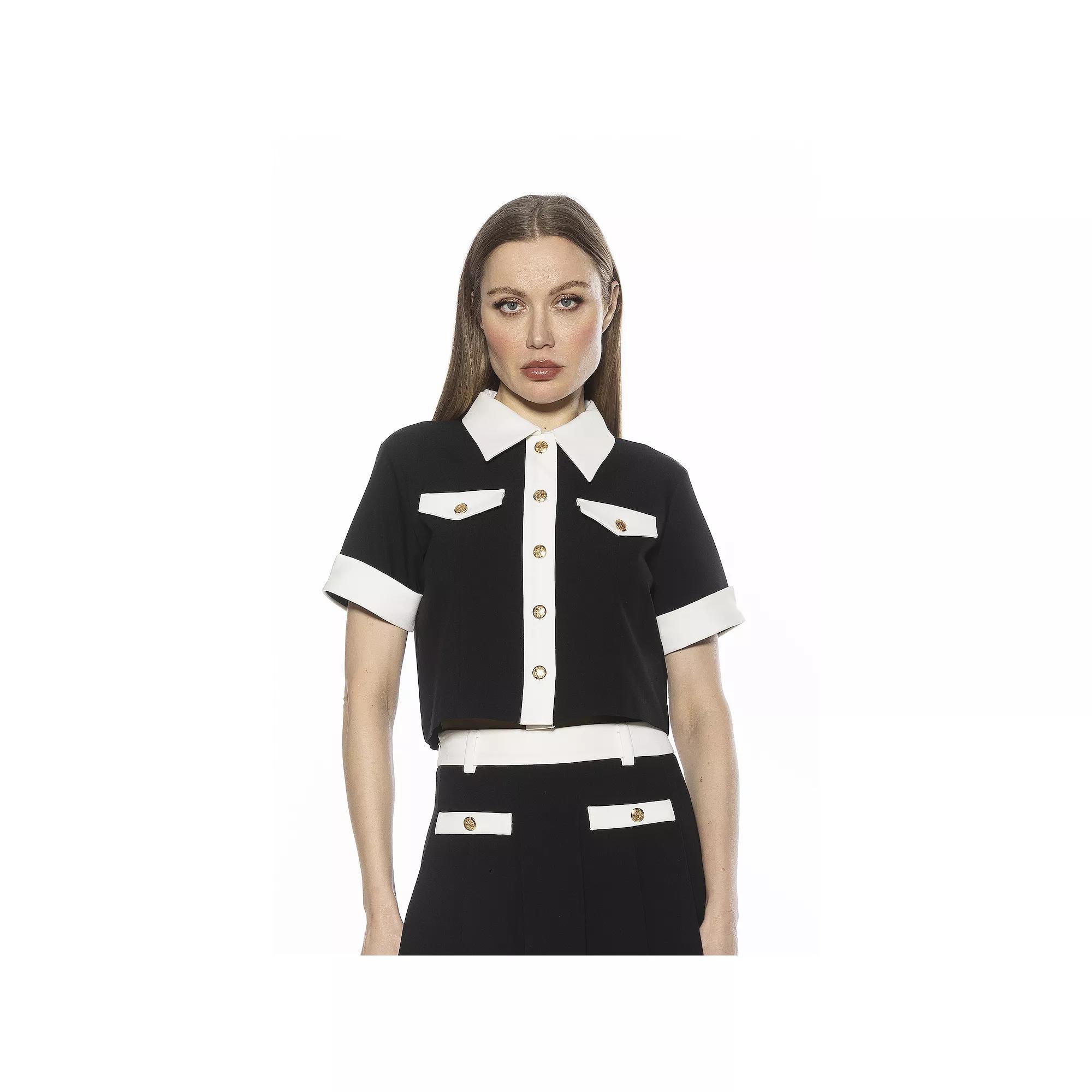 Women's ALEXIA ADMOR Emery Short Sleeve Collared Button Down Top, Size: 10, Black Product Image