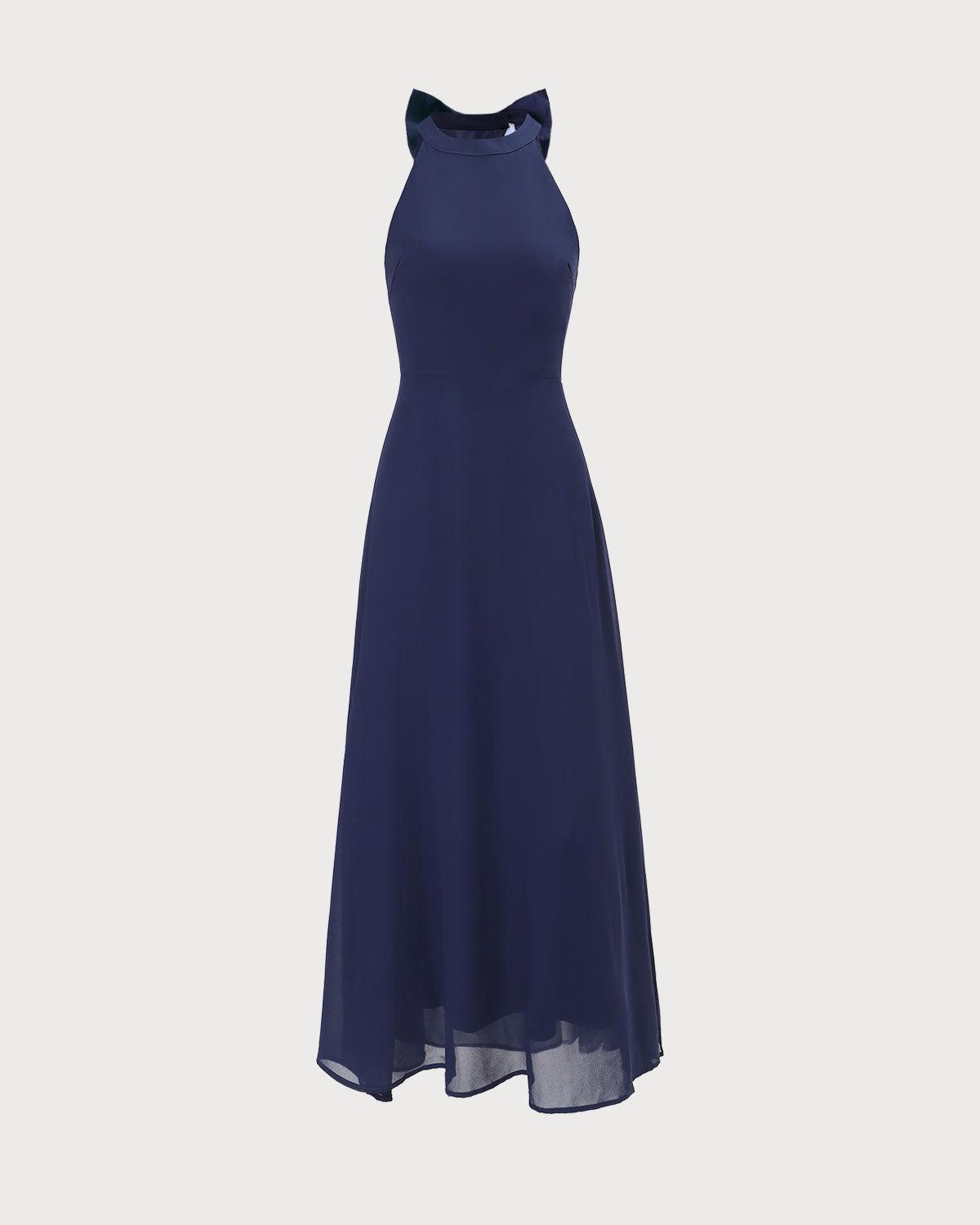 The Navy Halter Bowknot Back Maxi Dress Product Image
