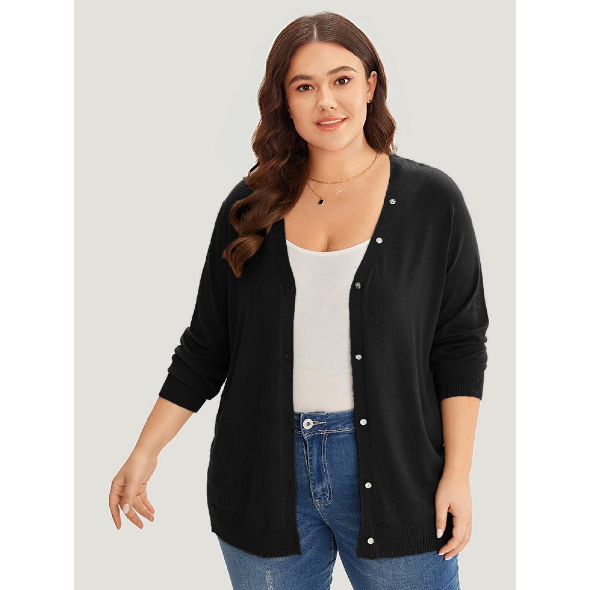 Plus Size Supersoft Essentials Plain Button Detail Very Stretchy Cardigan Black Women Casual Loose Long Sleeve Everyday Cardigans BloomChic 18-20/2X Product Image