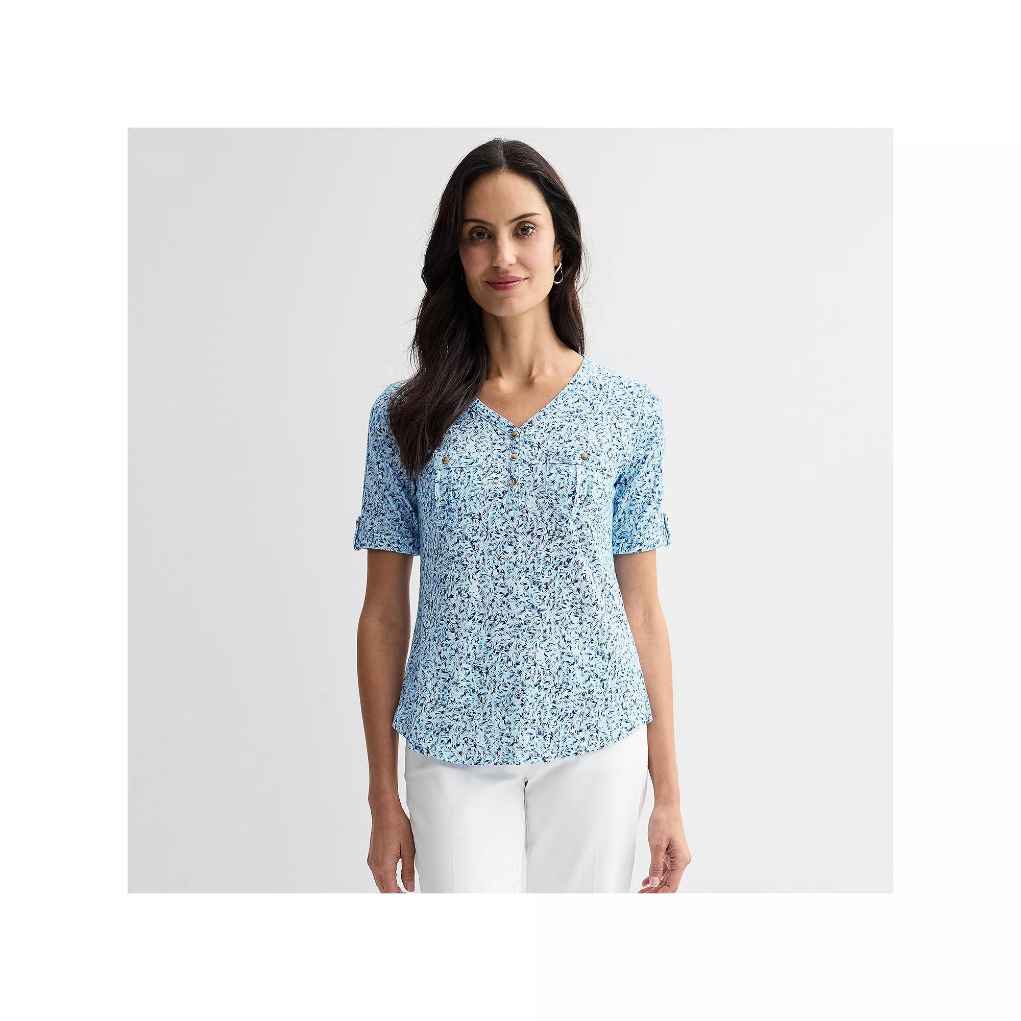 Women's Croft & Barrow® Elbow Sleeve Utility Henley Top, Size: Small, Blue Texture Palms Product Image