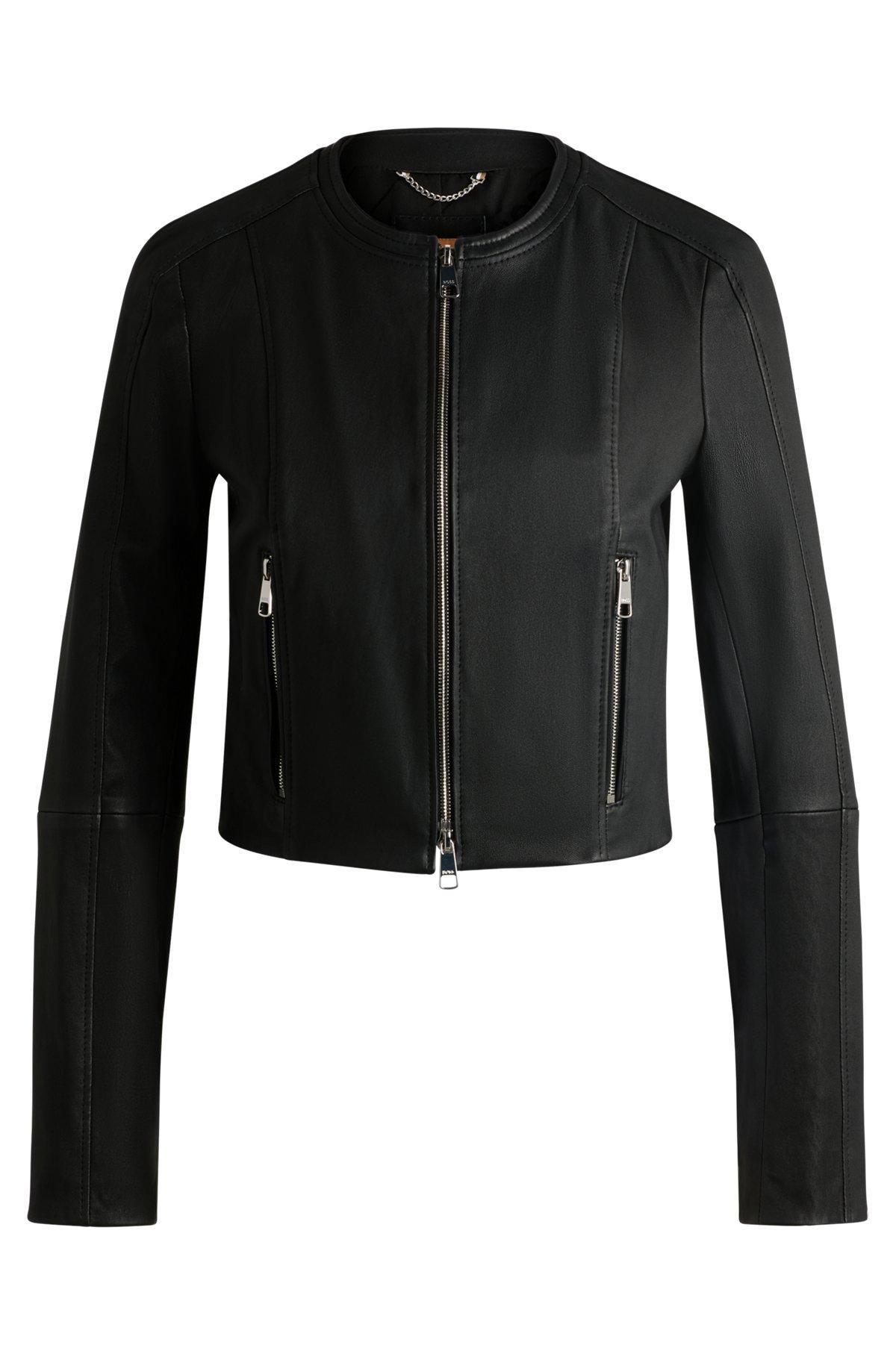 Collarless slim-fit jacket in rich leather Product Image