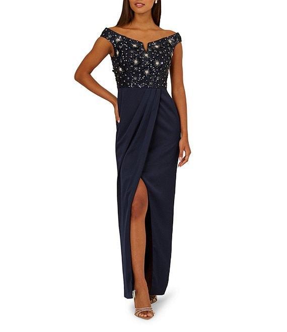 Aidan Mattox Beaded Mesh Off-The-Shoulder Cap Sleeve Satin Column Dress Product Image