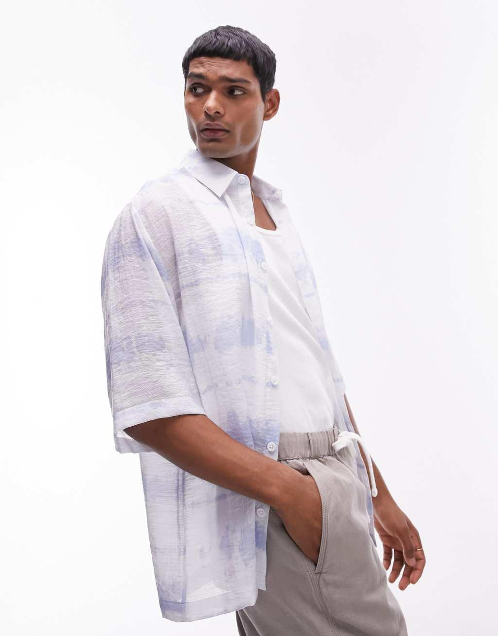 Topman short sleeve relaxed sheer printed sky shirt in multi Product Image