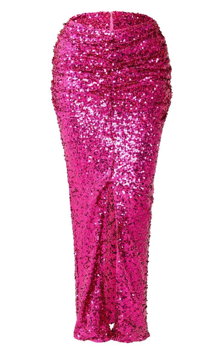 Hot Pink Sequin Ruched Waist Maxi Skirt Product Image