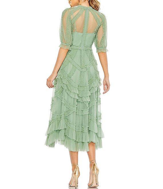 Mac Duggal Mock Neck Short Sleeve Tiered Ruffled Pleated Embellished A-Line Midi Dress Product Image