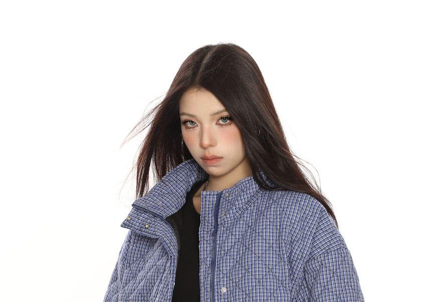 Stand Collar Plaid Zip Puffer Jacket Product Image