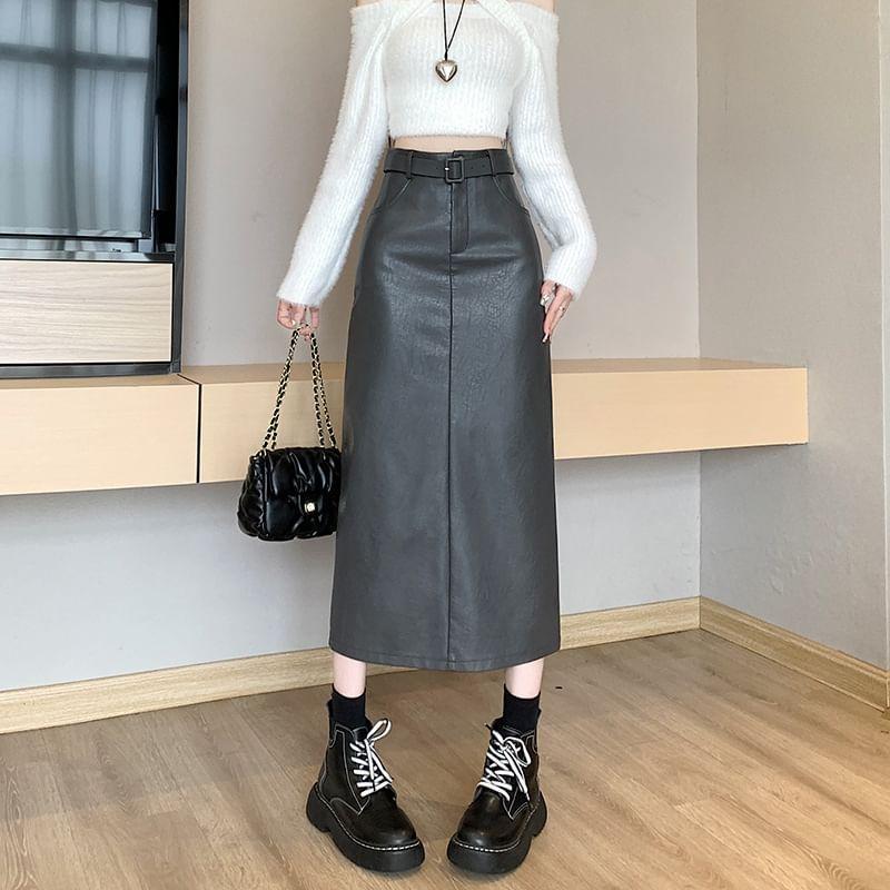 Set: High Rise Faux Leather Midi A-Line Skirt + Belt Product Image