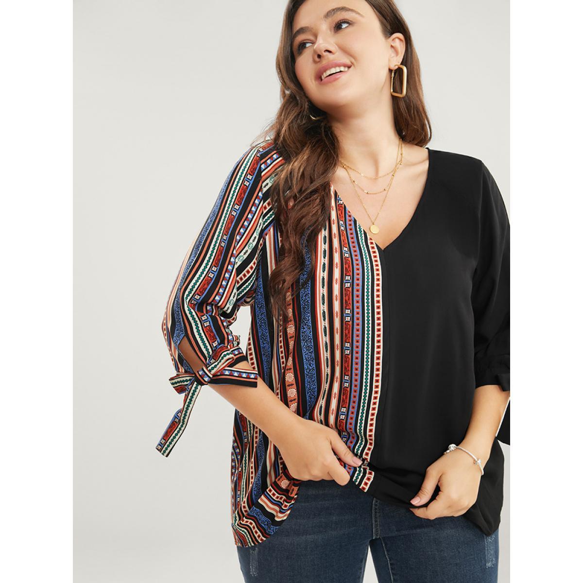 Plus Size Black Striped Geometric Patchwork Knotted Sleeve Blouse Women Vacation Elbow-length sleeve V-neck Dailywear Blouses BloomChic 12/L Product Image