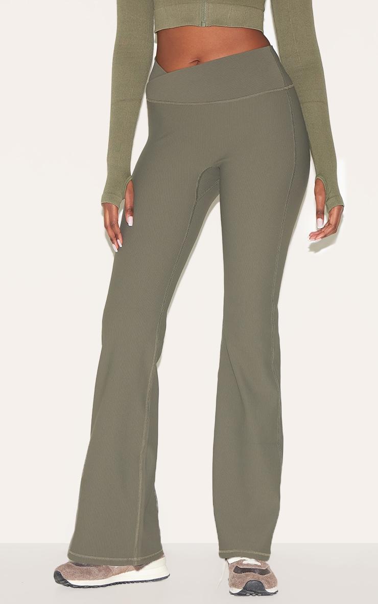 Olive Ribbed Cross Waist Yoga Pants Product Image