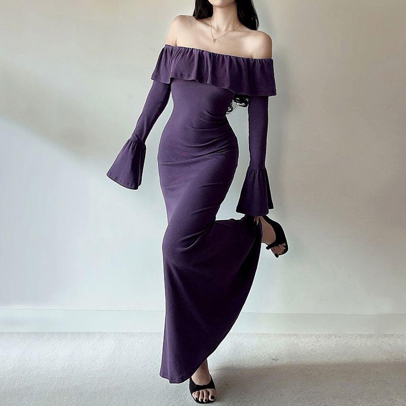 Long-Sleeve Off-Shoulder Plain Ruffle Trim Maxi Sheath Dress Product Image