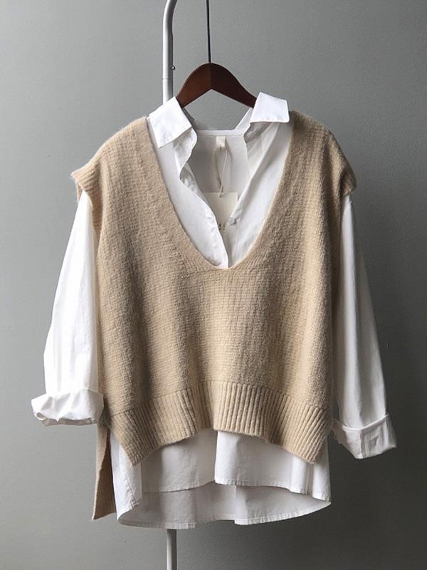 Knitting Irregularity Solid V-Neck Vest Product Image
