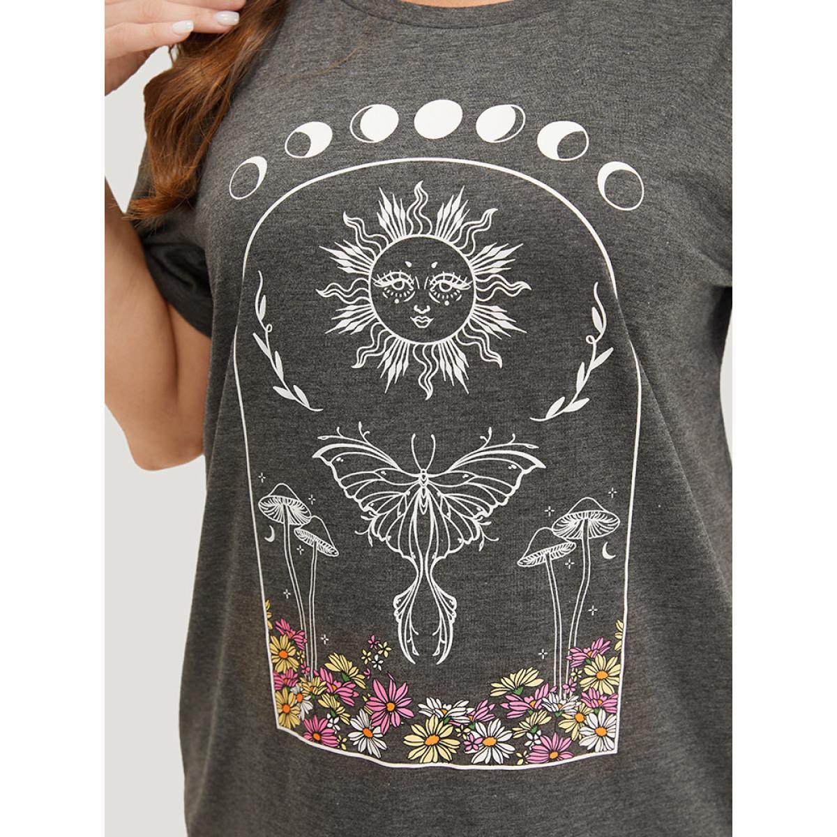 Plus Size Butterfly & Moon Print Heather Graphic T-shirt DimGray Women Casual Heather Star and moon Dailywear T-shirts BloomChic 28/5X Product Image